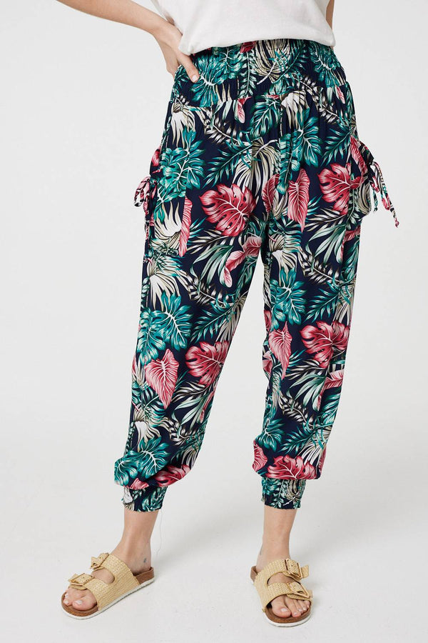 Navy | Leaf Print Harem Pants with Pockets