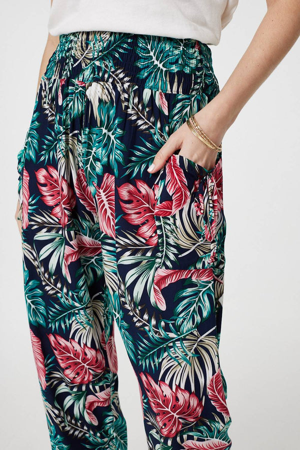 Navy | Leaf Print Harem Pants with Pockets