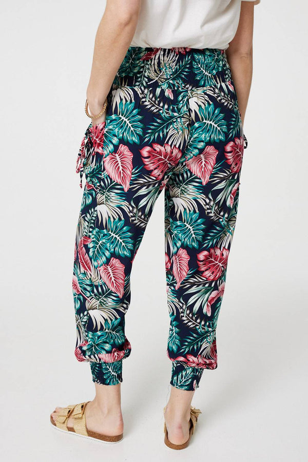 Navy | Leaf Print Harem Pants with Pockets