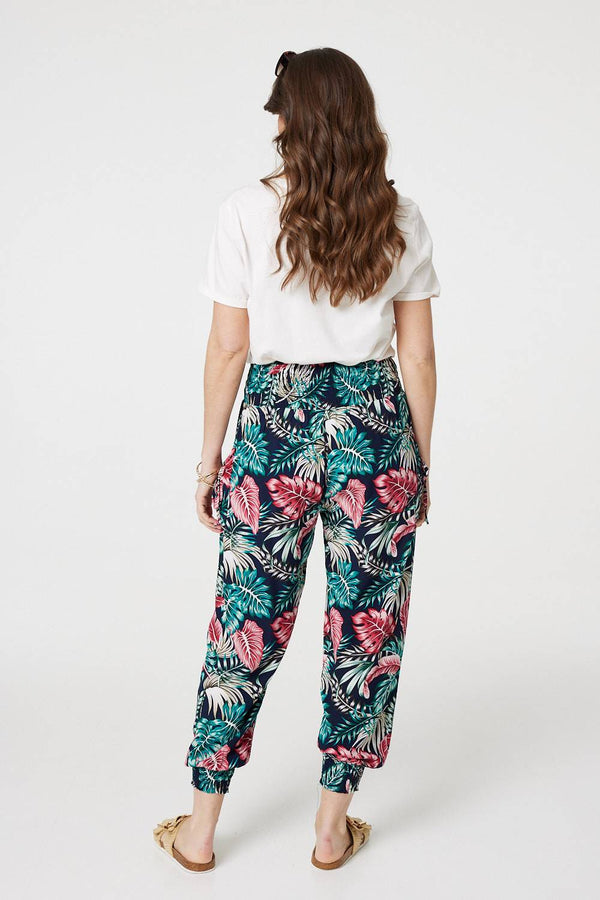 Navy | Leaf Print Harem Pants with Pockets