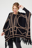 Black | Printed Tassel Fringe Longline Poncho
