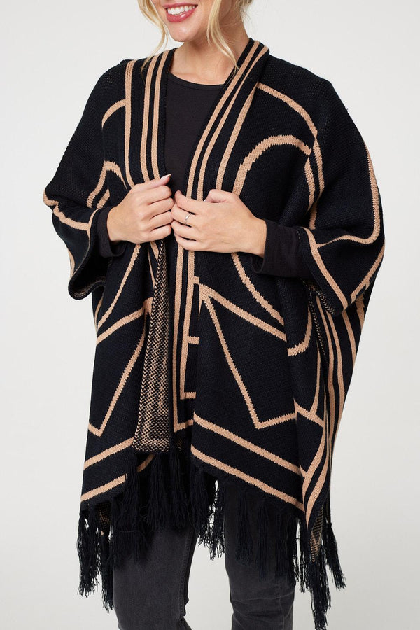 Black | Printed Tassel Fringe Longline Poncho
