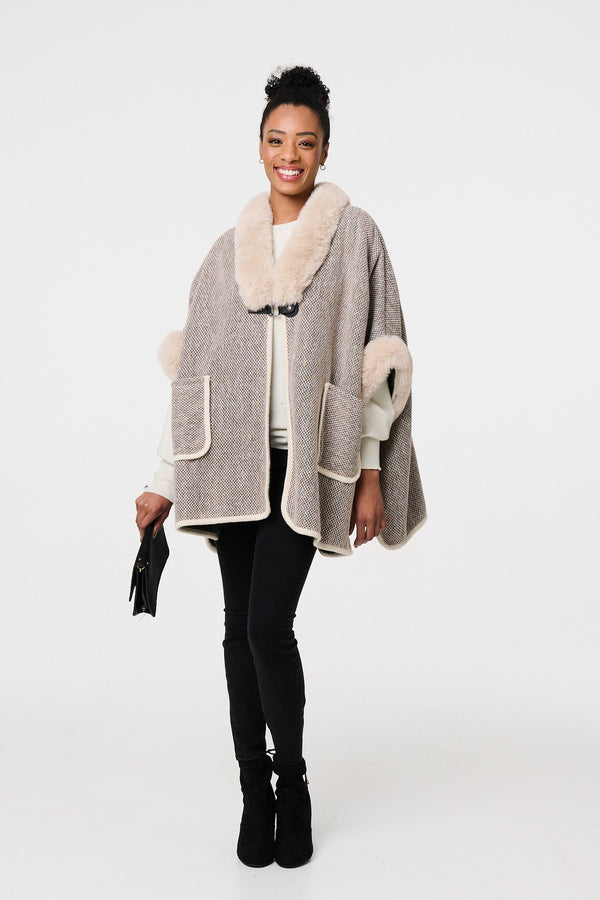 Beige | Faux Fur Trim 1/2 Sleeve Buckled Poncho
