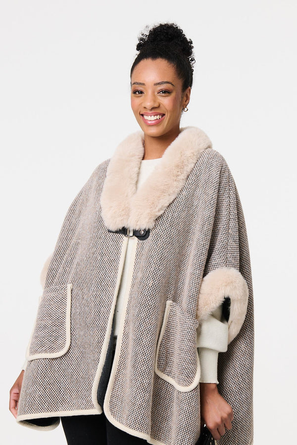 Beige | Faux Fur Trim 1/2 Sleeve Buckled Poncho
