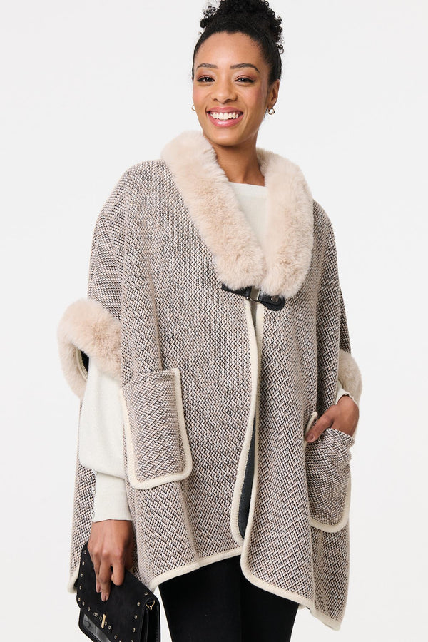 Beige | Faux Fur Trim 1/2 Sleeve Buckled Poncho
