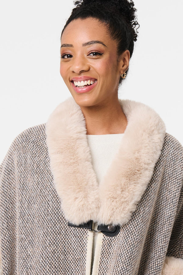 Beige | Faux Fur Trim 1/2 Sleeve Buckled Poncho
