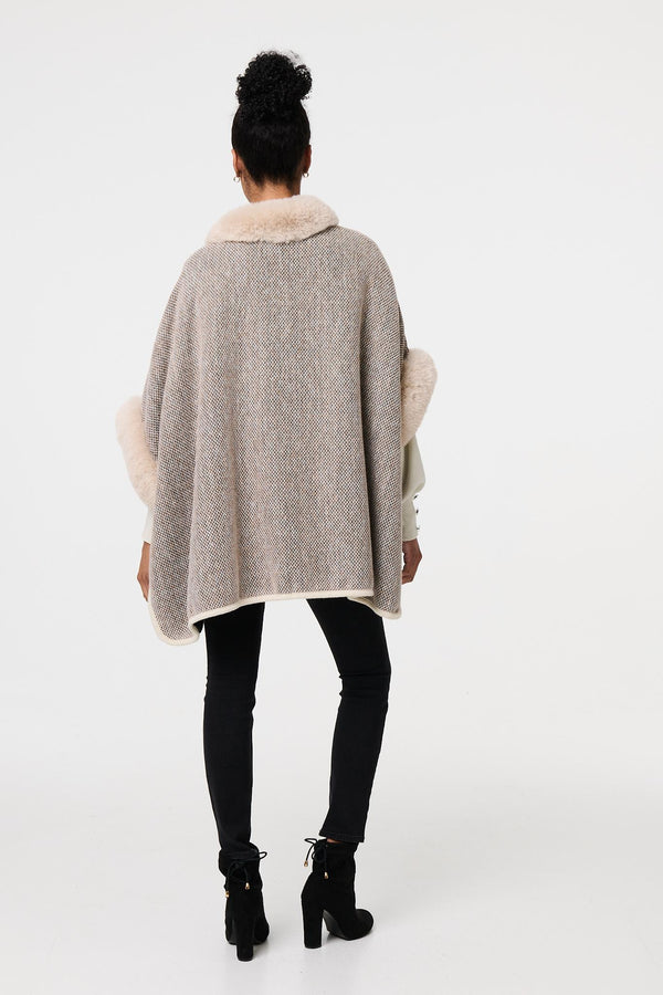 Beige | Faux Fur Trim 1/2 Sleeve Buckled Poncho
