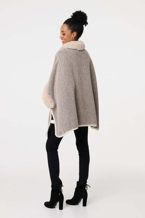 Beige | Faux Fur Trim 1/2 Sleeve Buckled Poncho
