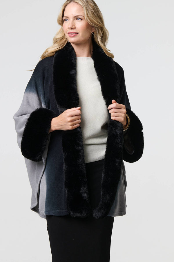 Black | Faux Fur Trim Thigh Length Poncho
