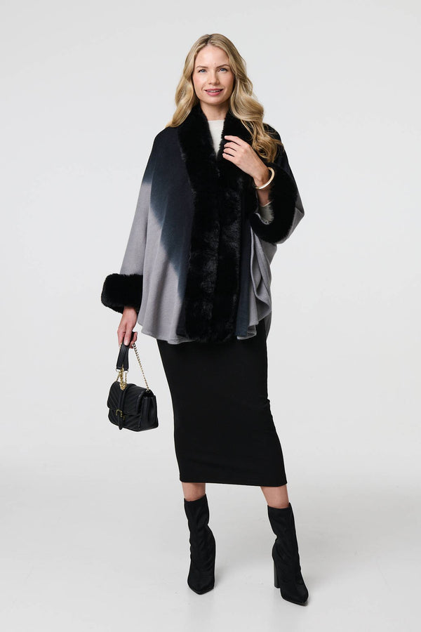 Black | Faux Fur Trim Thigh Length Poncho
