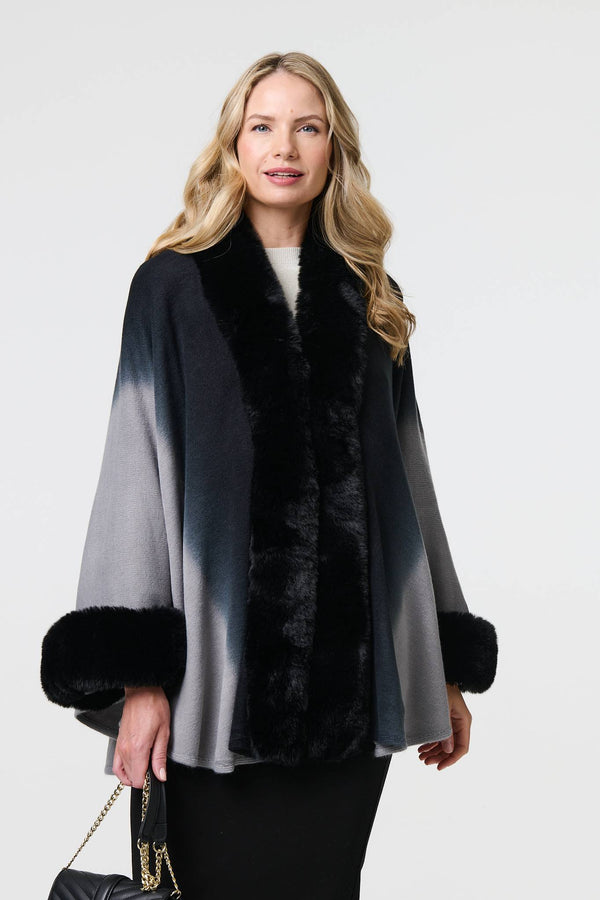 Black | Faux Fur Trim Thigh Length Poncho
