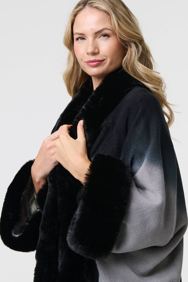 Black | Faux Fur Trim Thigh Length Poncho
