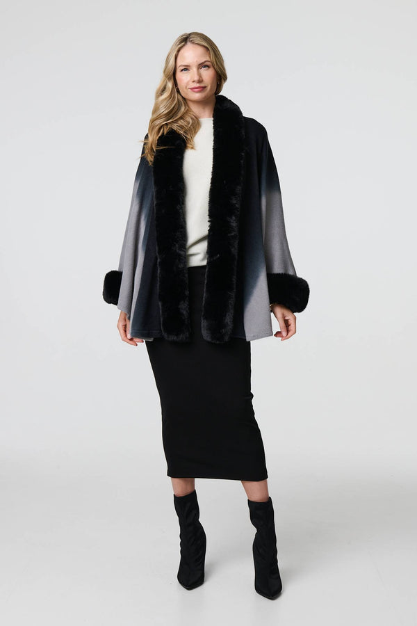 Black | Faux Fur Trim Thigh Length Poncho
