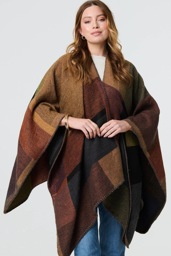 Brown | Colour Block 3/4 Sleeve Relaxed Poncho
