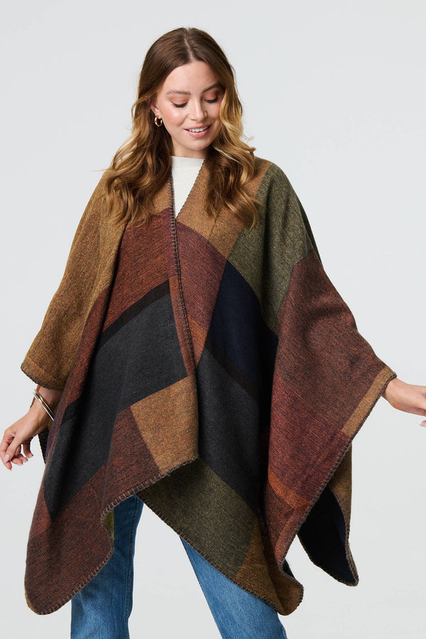 Brown | Colour Block 3/4 Sleeve Relaxed Poncho
