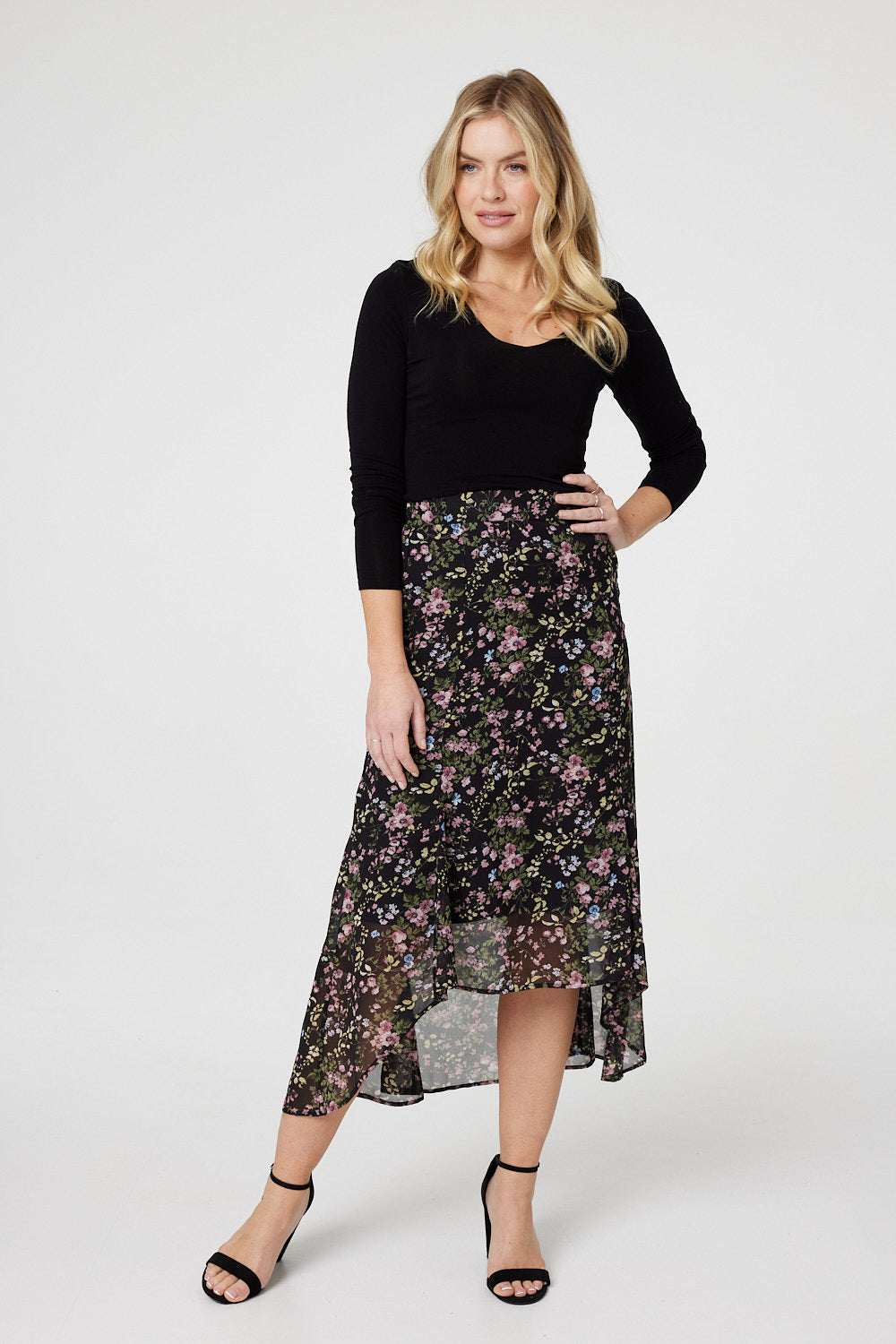 Floral Semi Sheer High Low Skirt Izabel London