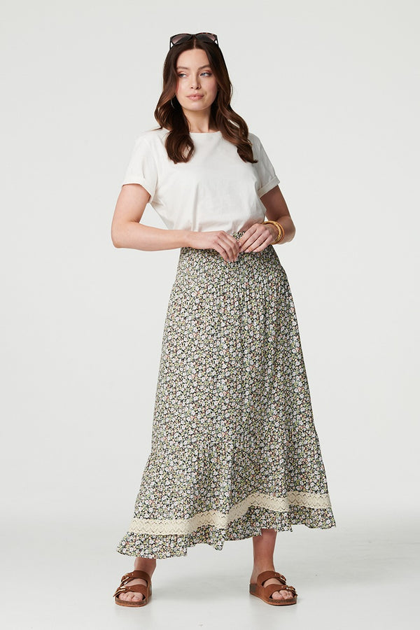 Green | Ditsy Floral Lace Trim Maxi Skirt