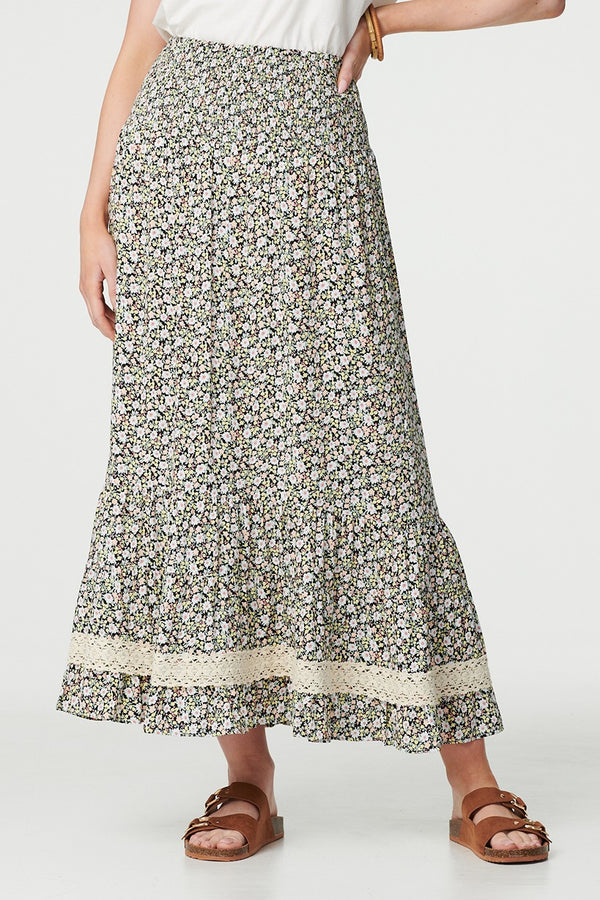 Green | Ditsy Floral Lace Trim Maxi Skirt