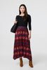 Red | Printed Box Pleat Hanky Hem Midi Skirt : Model is 5'9