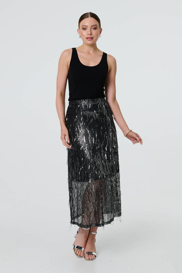 Black | Sparkly Striped Mesh Layer Midi Skirt : Model is 5'9"/175 cm and wears UK8/EU36/US4/AUS8
