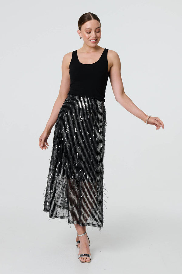 Black | Sparkly Striped Mesh Layer Midi Skirt
