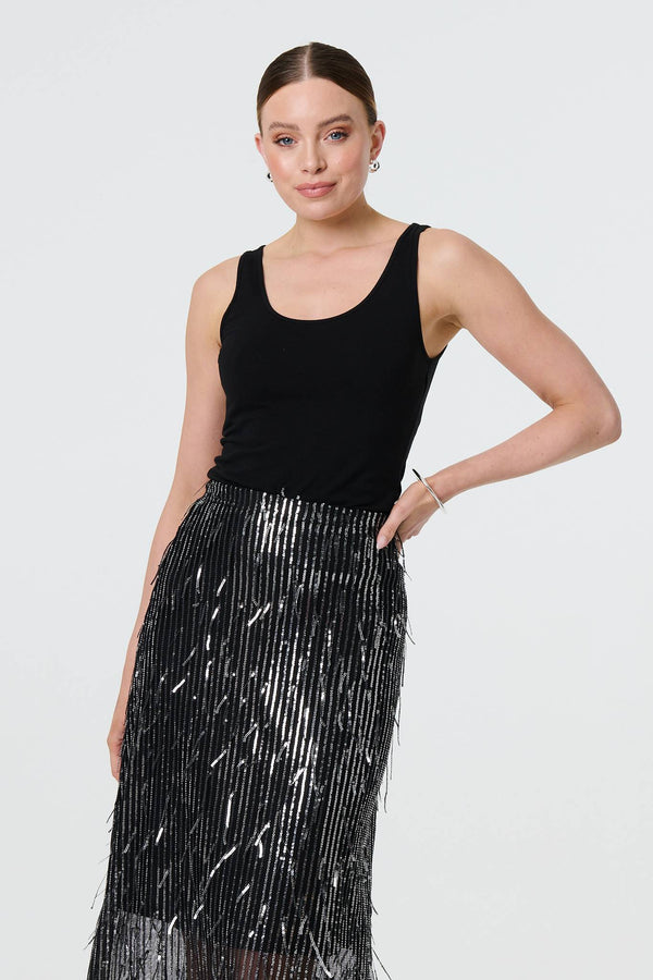 Black | Sparkly Striped Mesh Layer Midi Skirt
