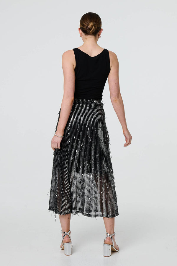 Black | Sparkly Striped Mesh Layer Midi Skirt
