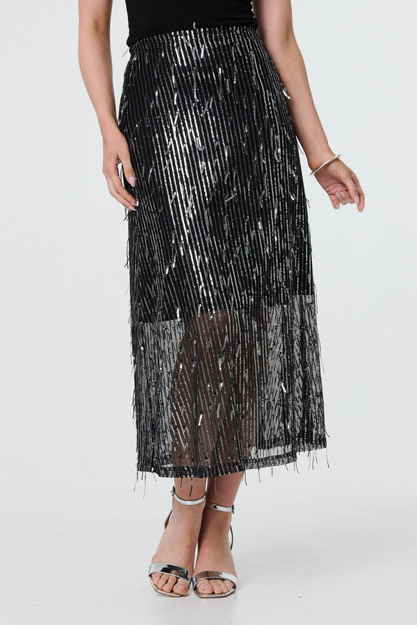 Black | Sparkly Striped Mesh Layer Midi Skirt
