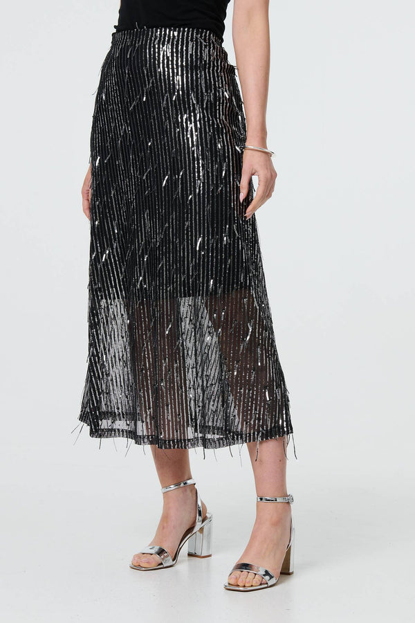 Black | Sparkly Striped Mesh Layer Midi Skirt
