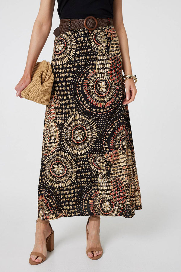 Aztec Print A-Line Belt Maxi Skirt | Izabel London