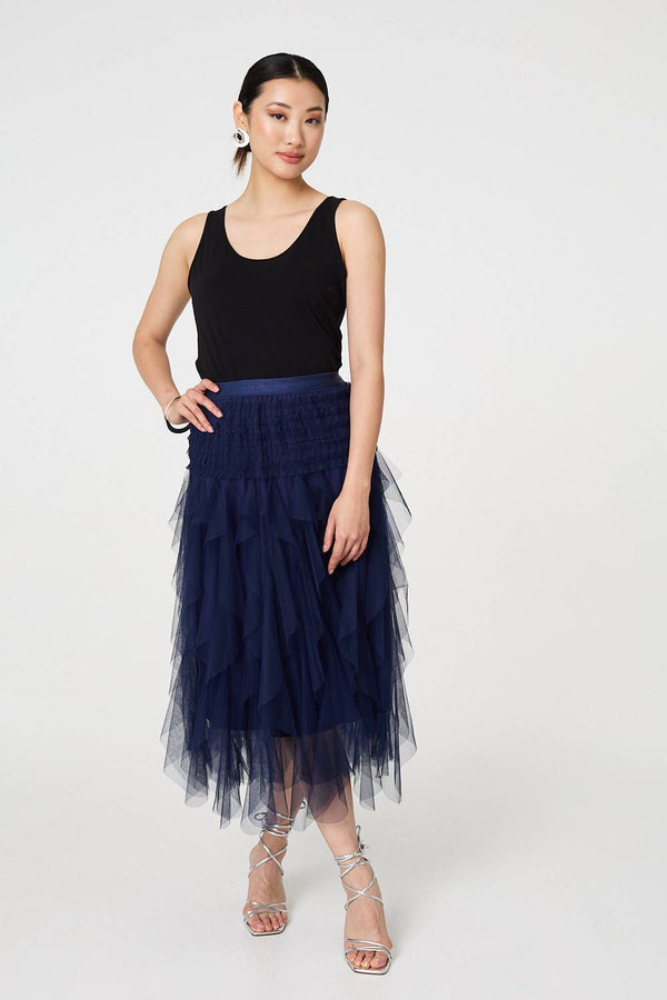 Navy | Ruffled Sheer Mesh High Waist Midi Skirt
