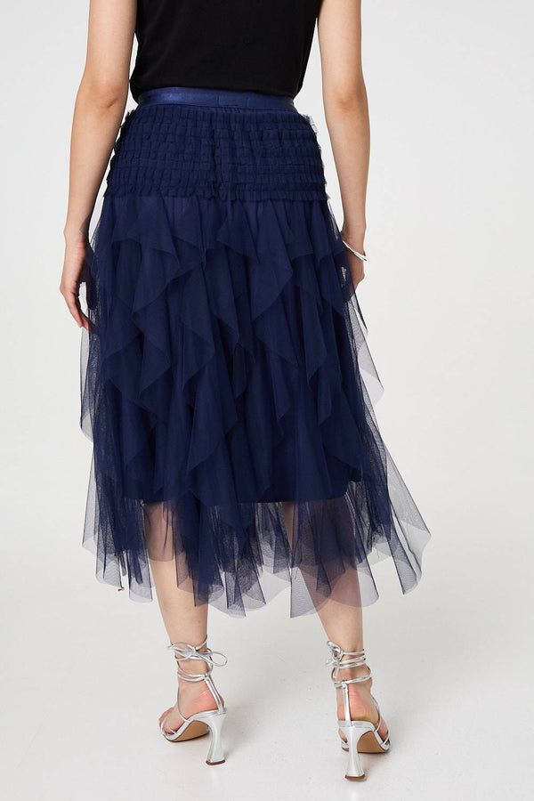 Navy | Ruffled Sheer Mesh High Waist Midi Skirt
