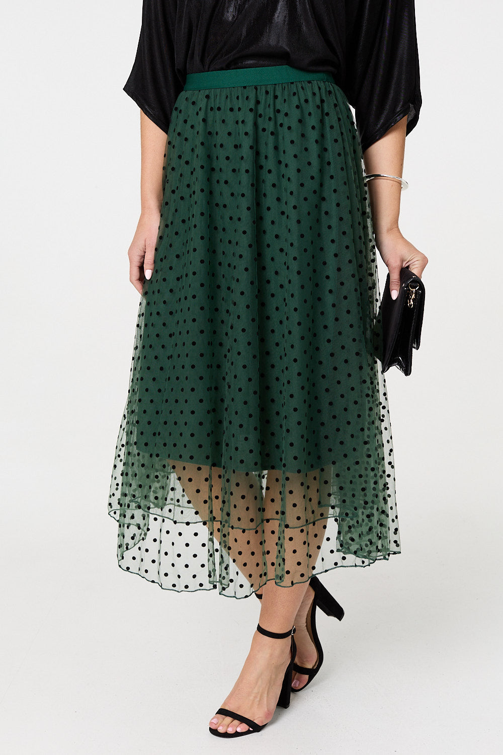 Polka Dot Layered Mesh Midi Skirt Izabel London