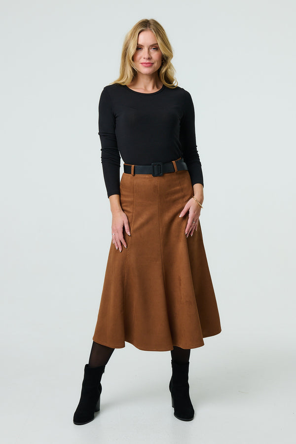 Brown | Belt Detail A-Line Maxi Skirt
