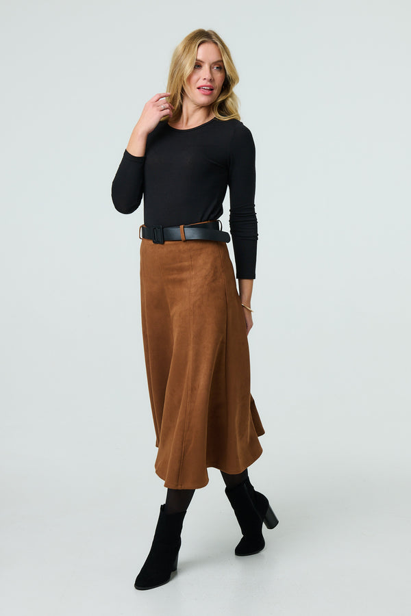 Brown | Belt Detail A-Line Maxi Skirt
