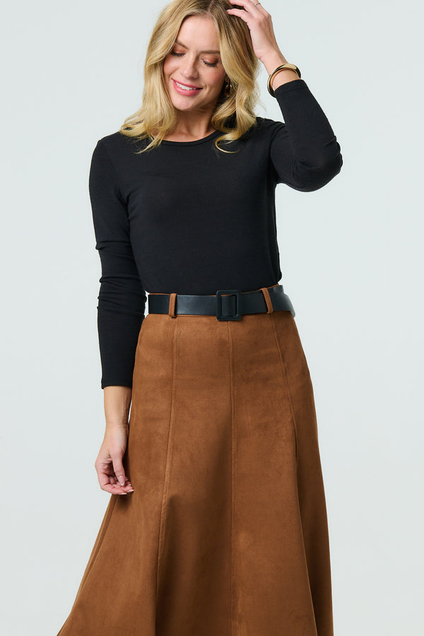 Brown | Belt Detail A-Line Maxi Skirt
