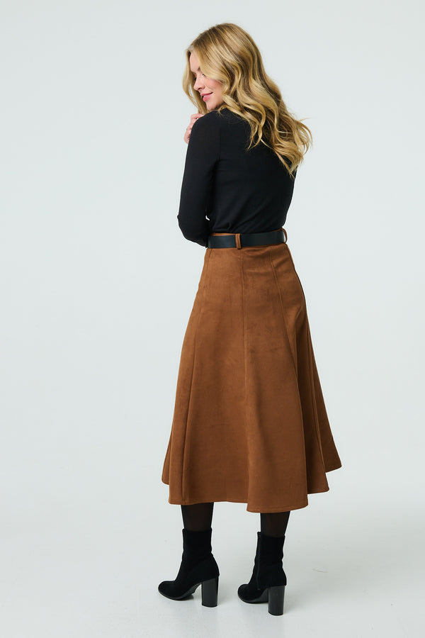 Brown | Belt Detail A-Line Maxi Skirt
