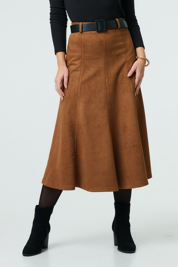 Brown | Belt Detail A-Line Maxi Skirt
