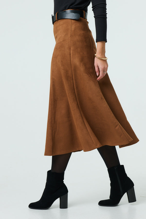 Brown | Belt Detail A-Line Maxi Skirt
