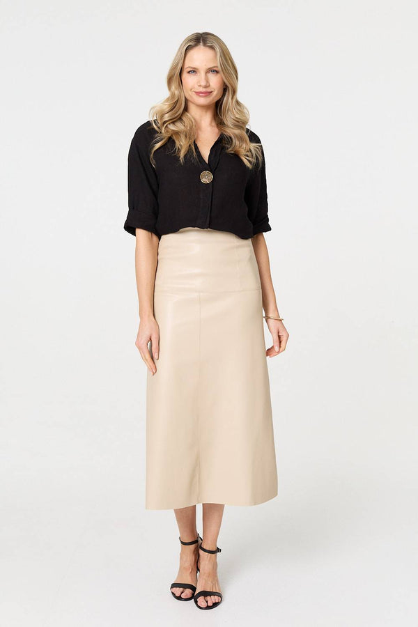 Beige | Faux Leather High Waist Midi Skirt
