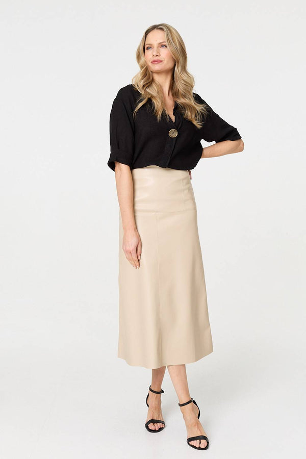 Beige | Faux Leather High Waist Midi Skirt
