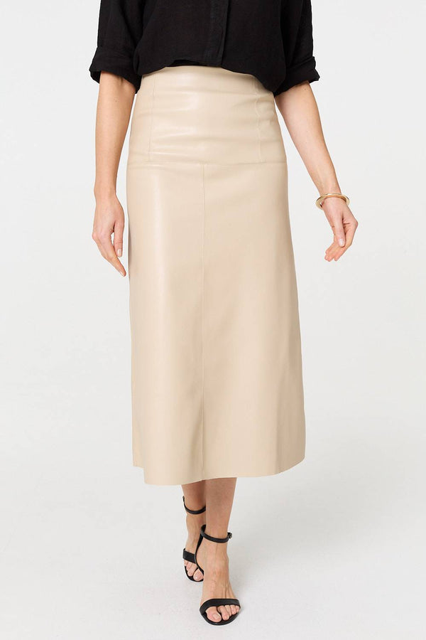 Beige | Faux Leather High Waist Midi Skirt
