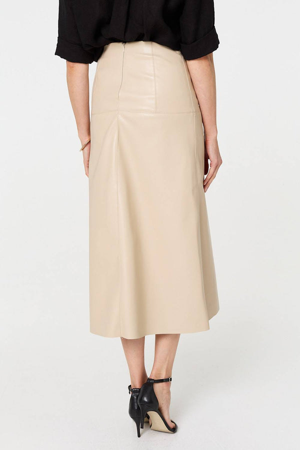 Beige | Faux Leather High Waist Midi Skirt
