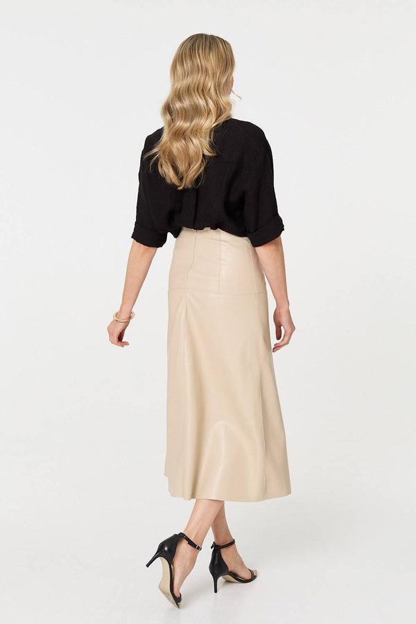 Beige | Faux Leather High Waist Midi Skirt
