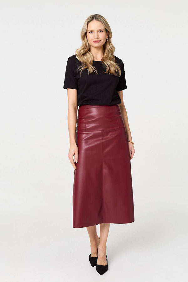 Burgundy | Faux Leather High Waist Midi Skirt
