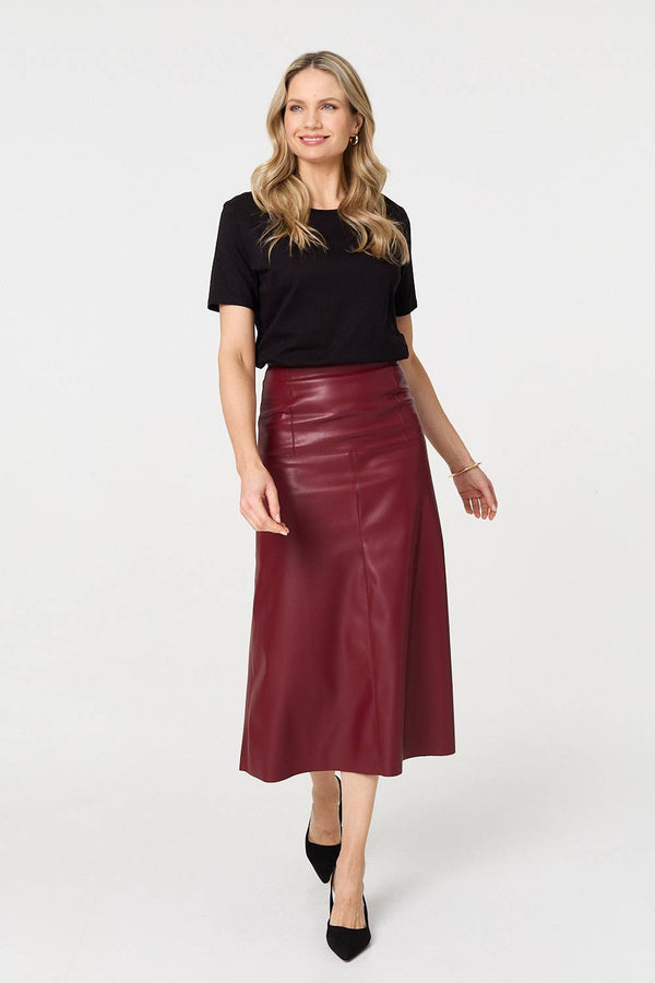 Burgundy | Faux Leather High Waist Midi Skirt
