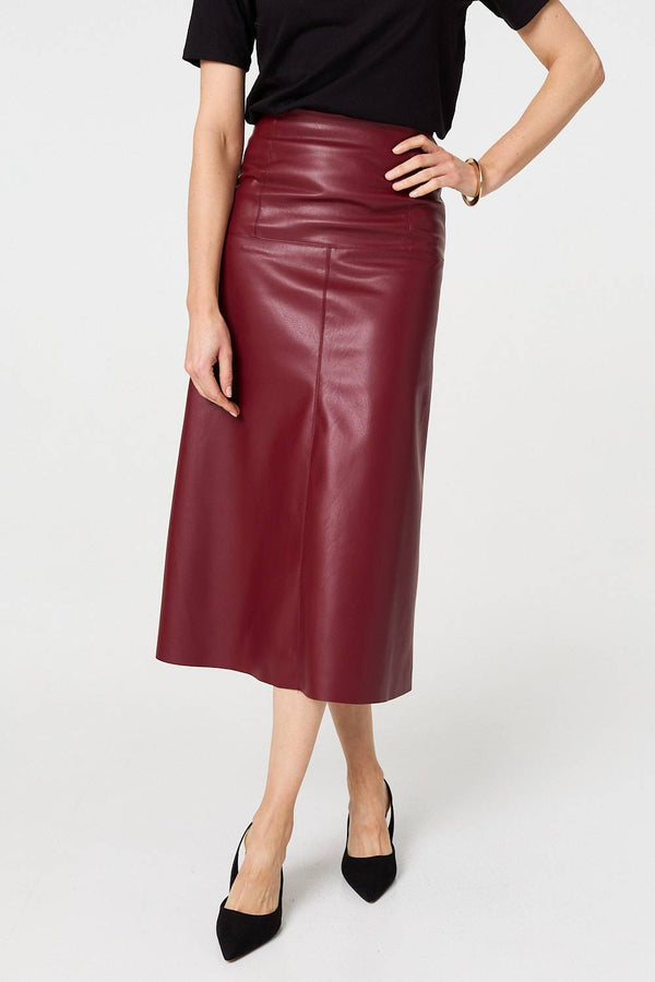 Burgundy | Faux Leather High Waist Midi Skirt
