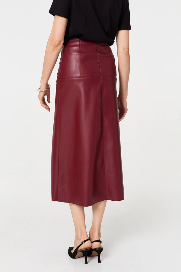 Burgundy | Faux Leather High Waist Midi Skirt
