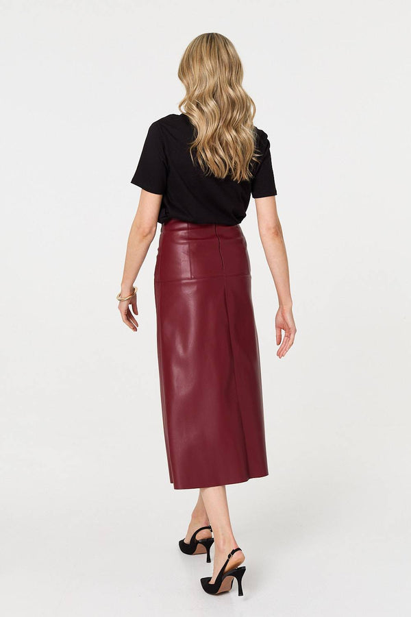 Burgundy | Faux Leather High Waist Midi Skirt
