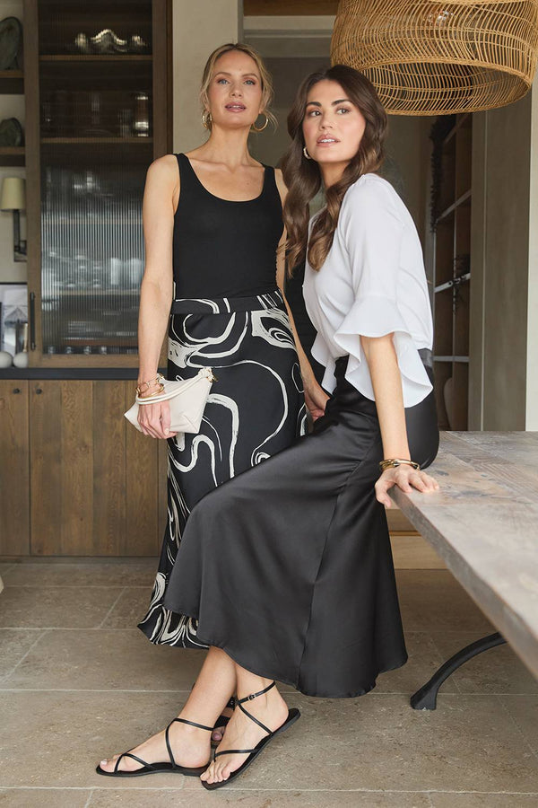 Black | High Waist A-Line Midi Slip Skirt : Model on right is 5'9"/175 cm and wears UK10/EU38/US6/AUS10